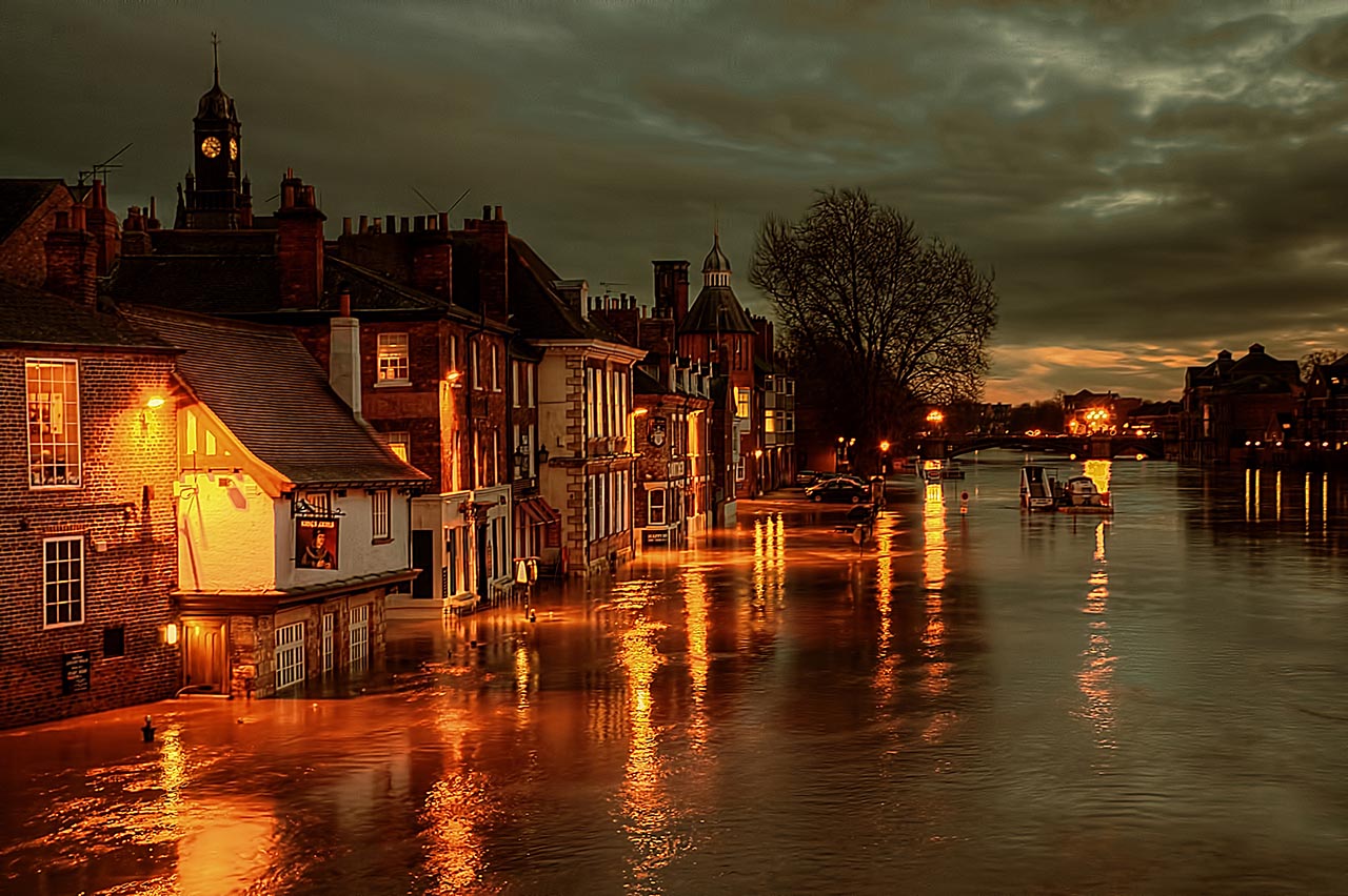 Flooded town at night