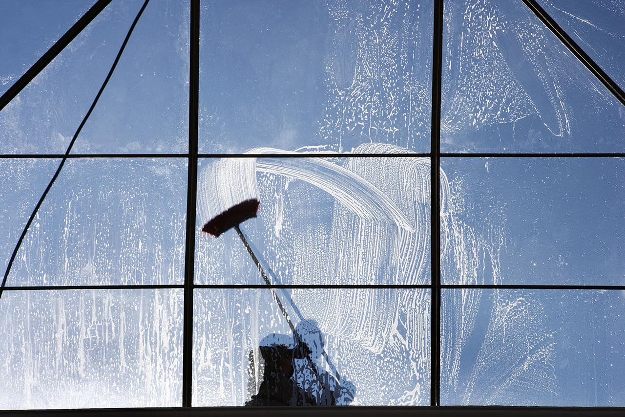 Windows being cleaned by a brush